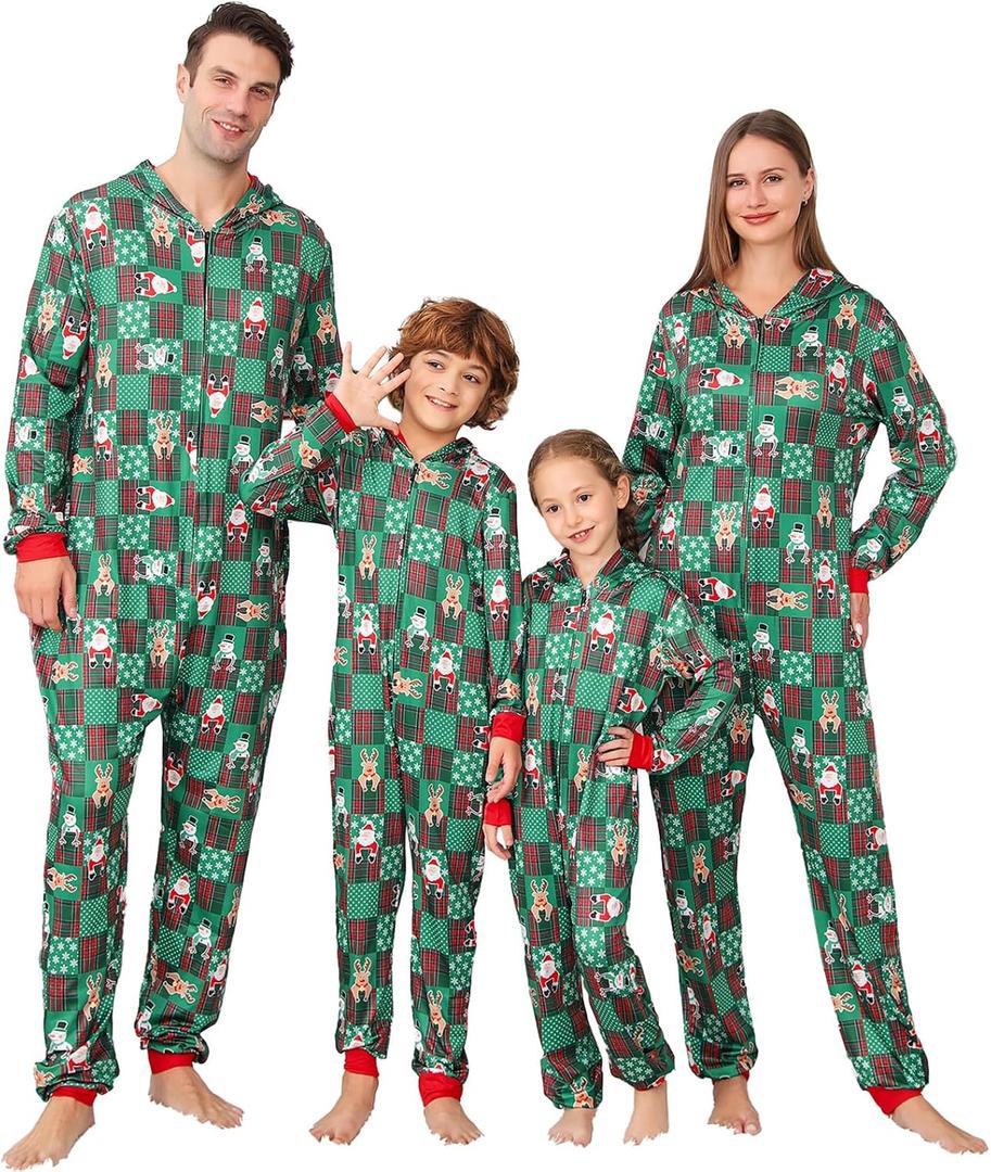 2 x ANGELGGH Family Matching Christmas Onesie Pajamas, Vacation Cute Printed One Piece Pajamas, Xmas Hooded Holiday Sleepwear (Medium, Green Plaid Santa)