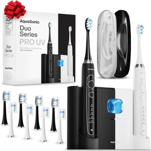 Aquasonic Duo Series PRO UV - ADA Accepted Electric Toothbrushes with UV Sanitizer - Inductive Charging Base - 5 Modes with Smart Timers - 10 Proflex Brush Heads & 2 Travel Cases