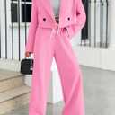 Fisoew Women's 2 Piece Outfits Casual Crop Blazer Jackets Loose Wide Leg Pants Fall Dressy Business Work Suit Sets (X-Large, Pink)