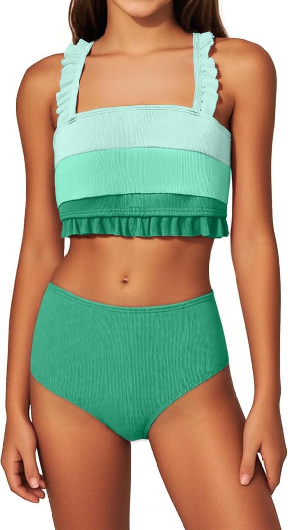 Mioglrie Girls Bathing Suit Kids Swimsuits Teen Tankini Girls' Swimwear Beach Ruffle Size 7-14 Tween Bikini Sets (13-14 Years, Green)