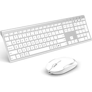 Wireless Keyboard and Mouse Combo, Ultra Slim, Rechargeable, Dual-Mode (Bluetooth + USB), for Windows/Mac OS (White and Silver)