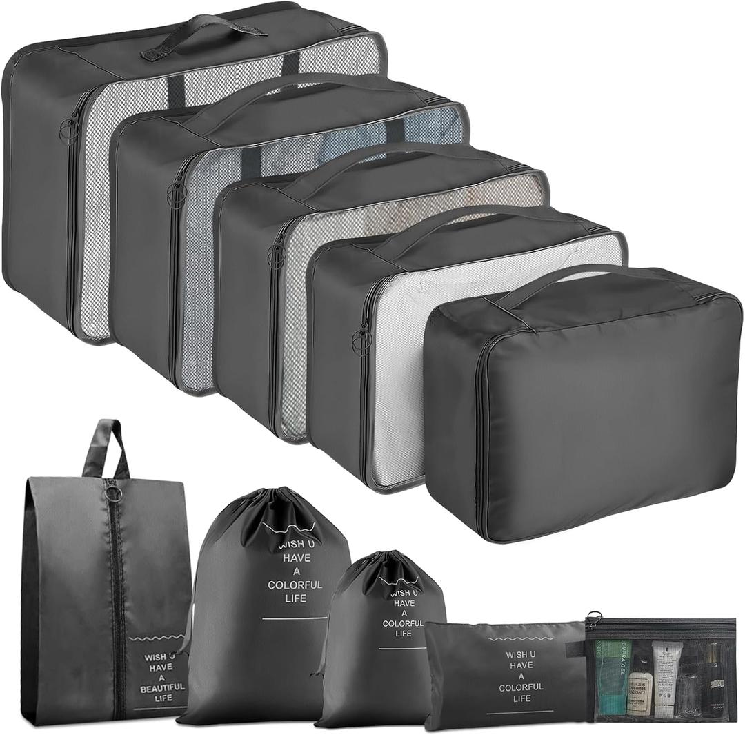 Packing Cubes - 10 Set Luggage Organizer Bags for Family, Mesh Breathable Travel Packing Cubes for Suitcases, Durable Travel Essentials Bags Set (Black)
