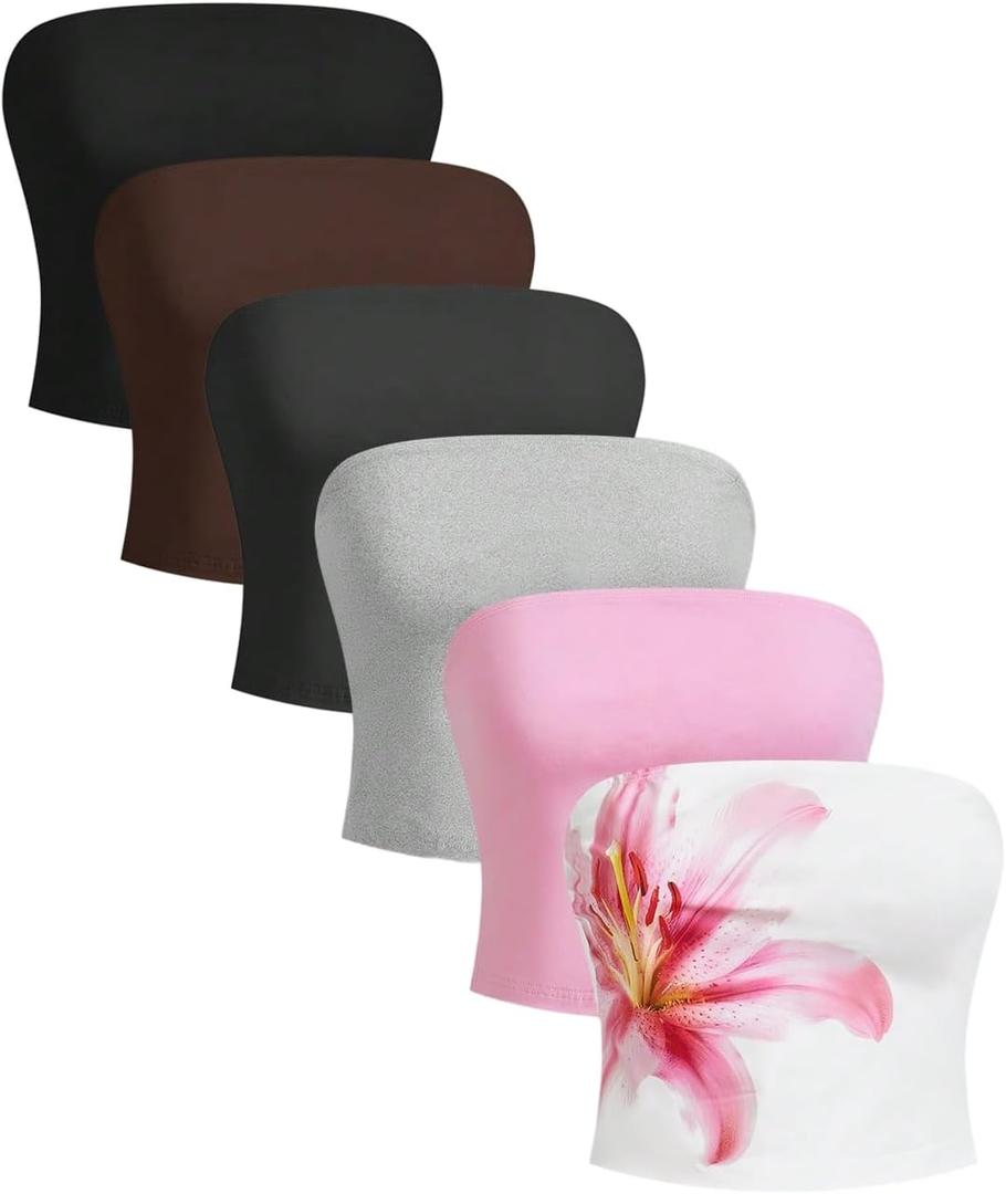 SOLY HUX Women's 6 Piece Tube Top Strapless Sleeveless Slim Fit Solid Bandeau Crop Tops (Multicoloured Floral, XL)