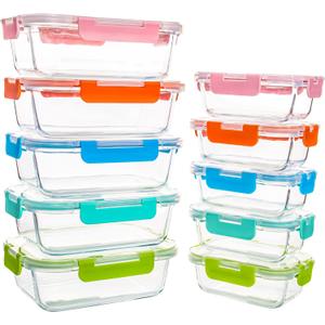 10 Pack Glass Food Storage Containers, Glass Meal Prep Containers with Lids Leak Proof, Clear Glass Bento Boxes for Adults, Microwave & Freezer Safe (34oz & 12oz) (colorful)