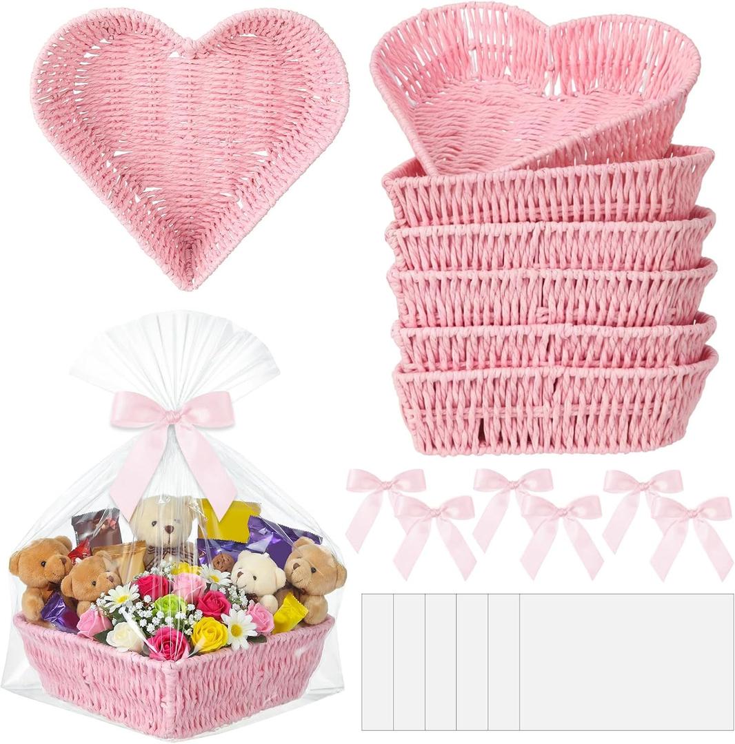 6 Pcs Heart Woven Gift Baskets with Bags Ribbons, 10.6 x 10 x 2.75 in Rope Heart Baskets for Gifts, Bread, Fruit, Serving Trays for Parties, Weddings, Mother's Day(Pink)