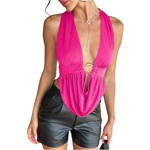QJQ Women's Sexy Backless Open Back Tops Halter Deep V Neck Sleeveless Vest Tank Tops Going Out Party Clubwear (Pink, XS)