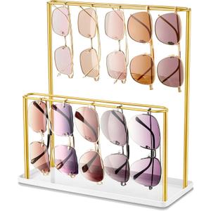 Josmimic Sunglasses Organizer Glasses Holder Stand with Tray, Eye Glasses Display, 2 Tier Sunglass Storage Rack for Multiple Glasses, for Desk, Nightstand, Dresser, Vanity, Metal, Gold