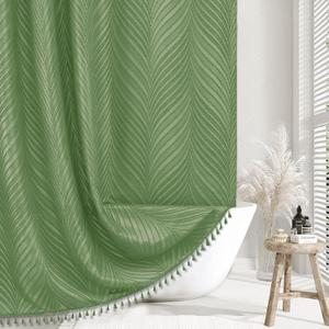 Extra Long Boho Shower Curtain - Woven Fabric Cute 84 Inch Sage Green, 72 x 84 Tufted Leaves Textured Striped Modern Farmhouse Minimalist Cloth for Bathroom