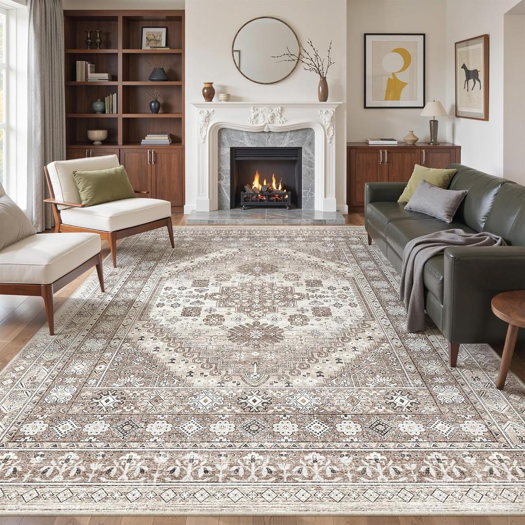 befbee Washable Rug 8x10 Area Rugs for Living Room - Stain Resistant Non-Slip Backing Rugs for Bedroom - Vintage Large Area Rug (Brown/Beige, 8'x10')