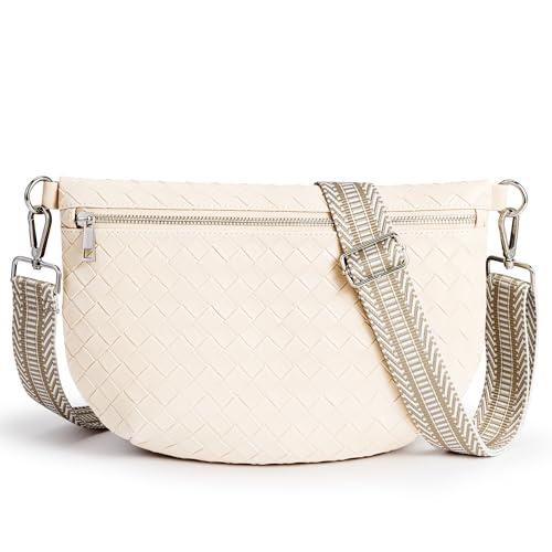 KALIDI Woven Crossbody Bags for Women Travel Vegan Leather Fanny Packs for Woman Cross Body Purse Fashion Belt Bum Bag with Wide Strap