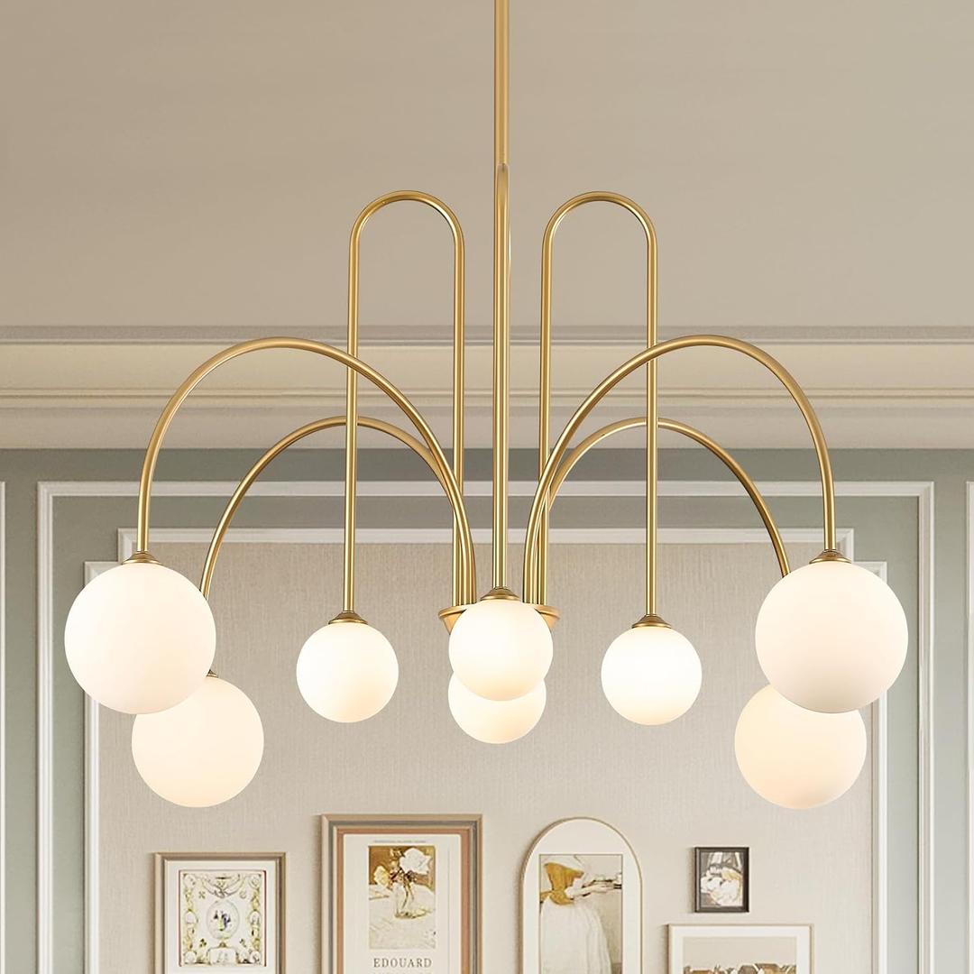 Modern Gold Sputnik Chandelier 8 Lights Large Luxury L41 Mid Century Milk Glass Globe Ceiling Pendant Light Contemporary for Foyer Staircase Living Dining Room Kitchen
