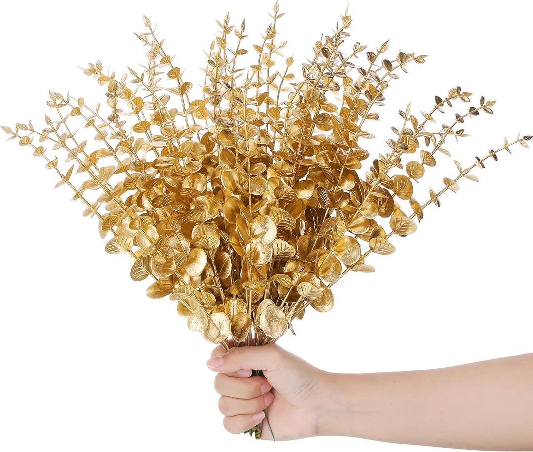 Ysleen 45 Pcs Gold Eucalyptus Stems Bulk 15 Inch Gold Fake Eucalyptus Branches Artificial Leaves Greenery Plant Centerpieces for Wedding Party Bouquet Home Farmhouse Vase DIY Craft Table Decorations