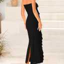 BTFBM Women Summer Elegant Strapless Midi Ruched Bodycon Dress Solid Color Stretch Mesh Slim Party Cocktail Dresses (Black, L)