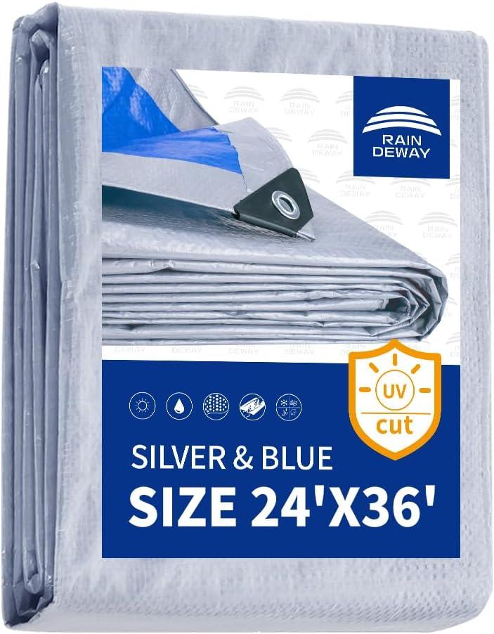 RAINDEWAY Large Tarps 24x36 Feet, 5.5 Mil - Multipurpose Waterproof Poly Tarp Cover with Metal Grommets and Reinforced Edges, Silver/Blue Tarp