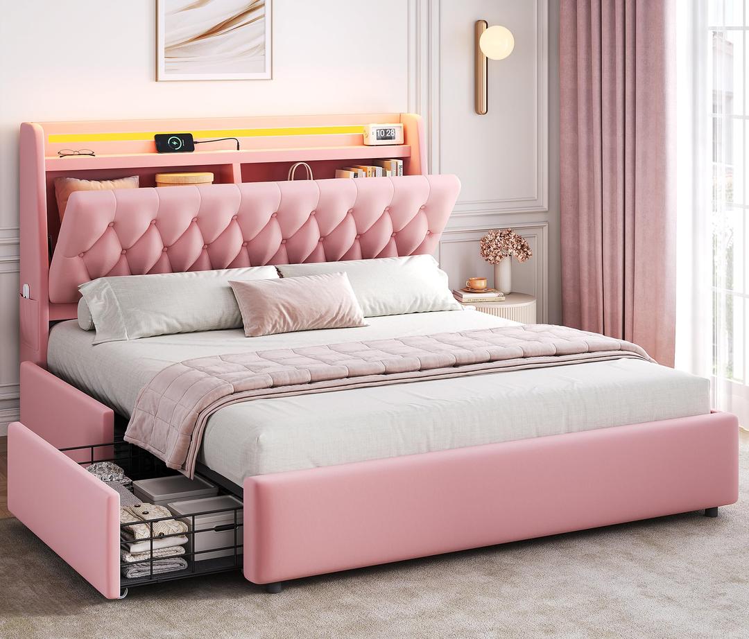 Queen LED Velvet Bed Frame with 2 Storage Drawers&Hidden Headboard, Upholstered Platform Bed with Charging Station&Button Tufted Design, Wooden Slats Support, Box Spring Optional, Easy Assembly, Pink