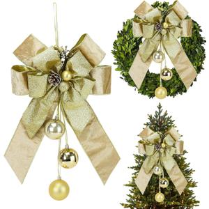 AIMUDI Champagne Gold Christmas Tree Topper Bows 11 x 16 Inches Gold Glitter Bows for Christmas Tree Decorations Velvet Ribbon Bows with Baubles for Wreath, Door, Cabinet, Staircase, 1 PC