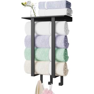 Towel Racks for Bathroom, Towel Rack with Shelf & 3 Hooks, Towel Storage Holders Wall for Rolled Bath Towels, Black (Square Tube)