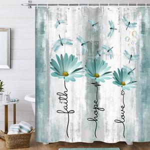 Rusitc Farmhouse Floral Shower Curtain, Farm Teal Country Daisy Flower Dragonfly and Faith Hope Love Inspirational Words Shower Curtain Set, Turquoise Balck White Bathroom Accessories Hooks, 70X70IN