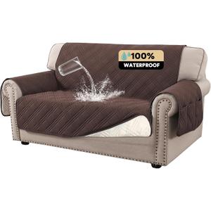 PrinceDeco 100% Waterproof Loveseat Covers for 2 Cushion Couch Sofa Covers Waterproof and Washable Sofa Slipcover with Side Pocket Furniture Protector with Elastic Straps(Loveseat 48", Brown)