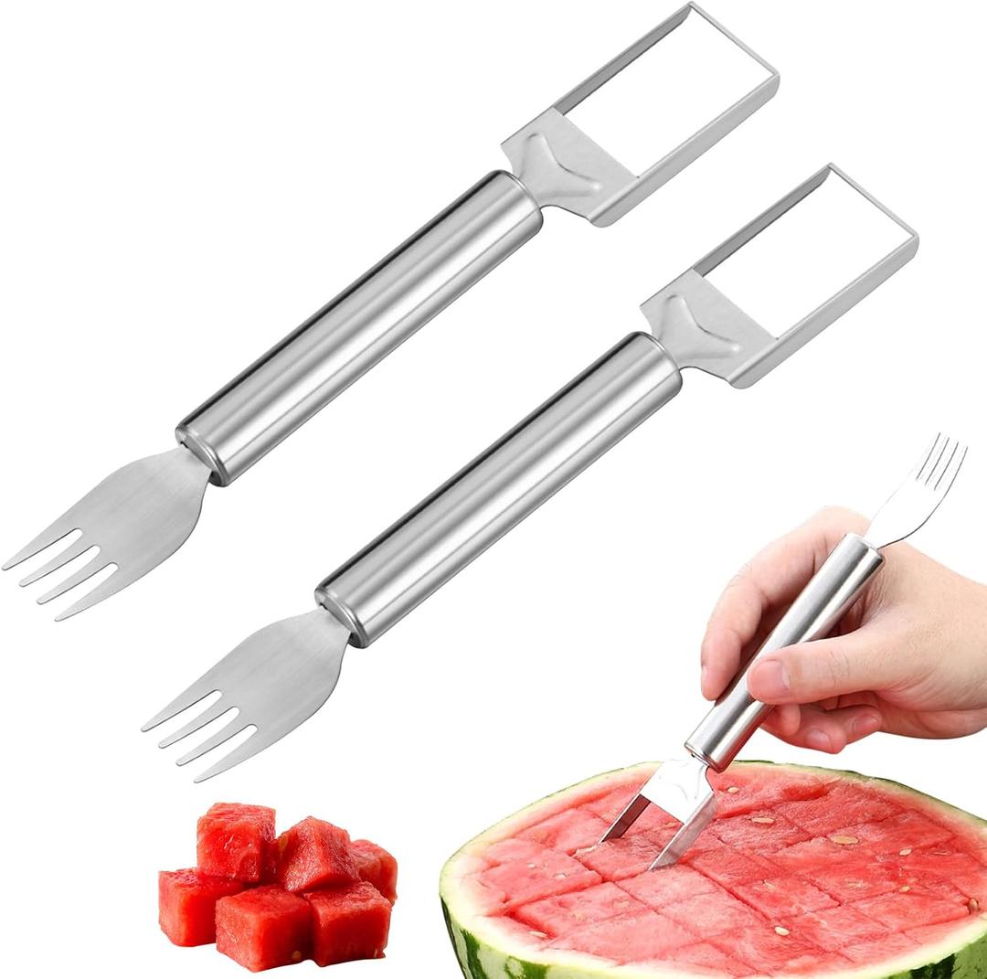 Stainless Steel Melon Cutter Balls, 2 in 1 Watermelon Fork Slicer Cutter, Portable Watermelon Cutter Slicer Tool, Fruit Carving Knife for Salads, Ice Cream, Fruit and Vegetables (Pack of 2) x4 