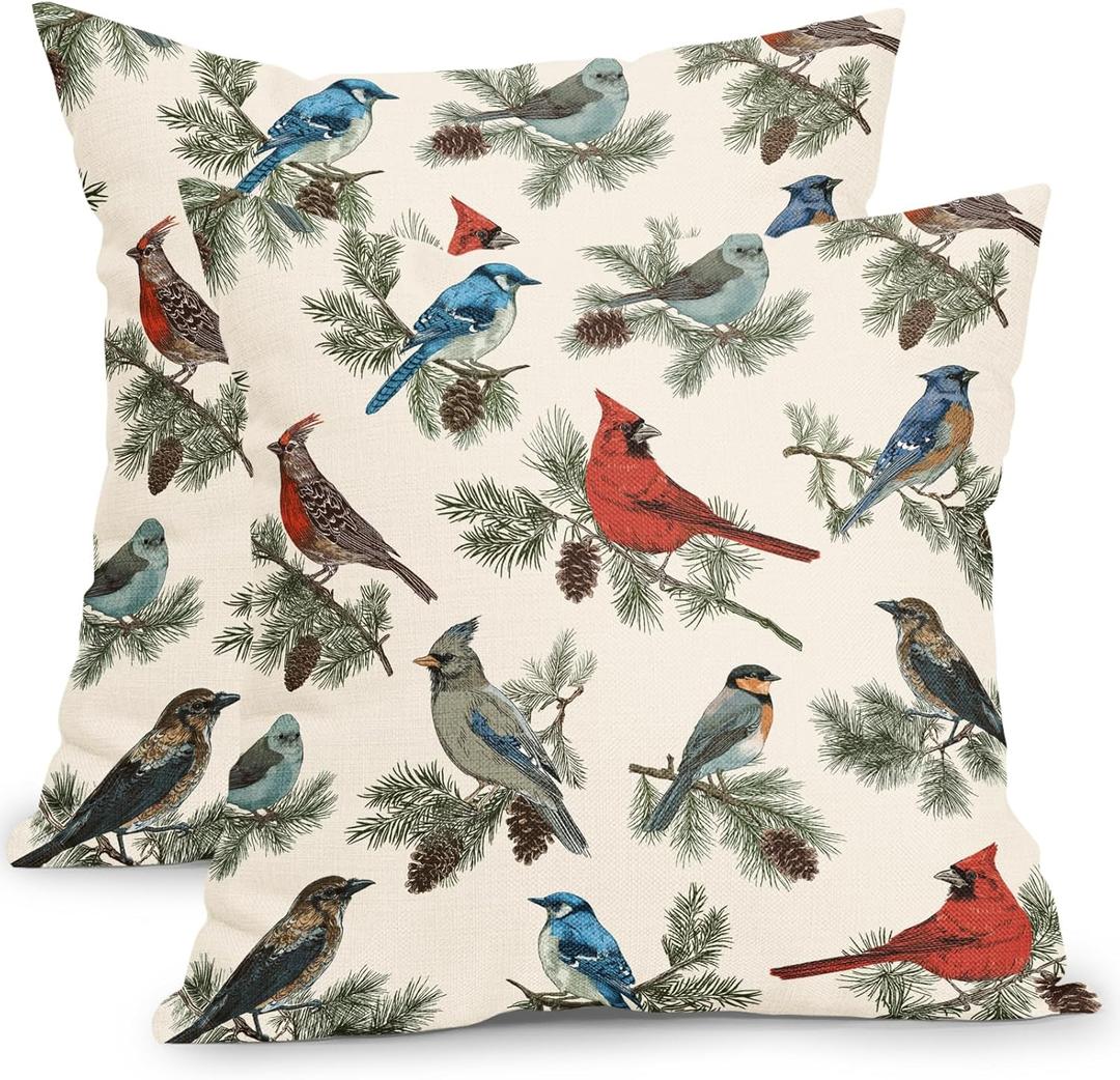 Winter Pillow Covers 18x18 Inch Red and Blue Birds Decorative Throw Pillows Set of 2 Christmas Pinecone Pillow Cases for Sofa Couch Home Xmas Decor