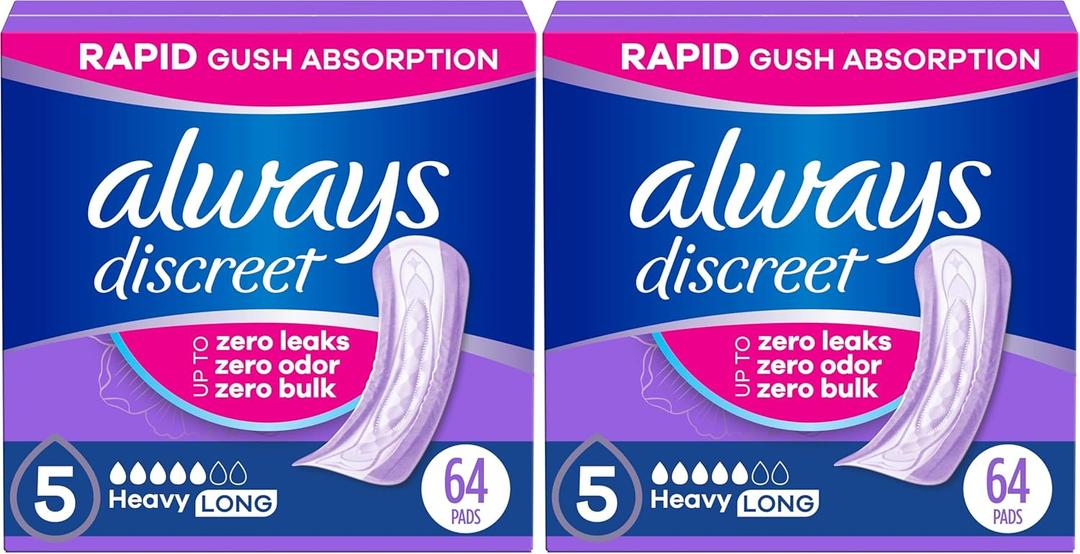 Always Discreet Adult Incontinence Pads for Women, Heavy Absorbency, Long Length, Postpartum Pads, 64 Count (Pack of 2)