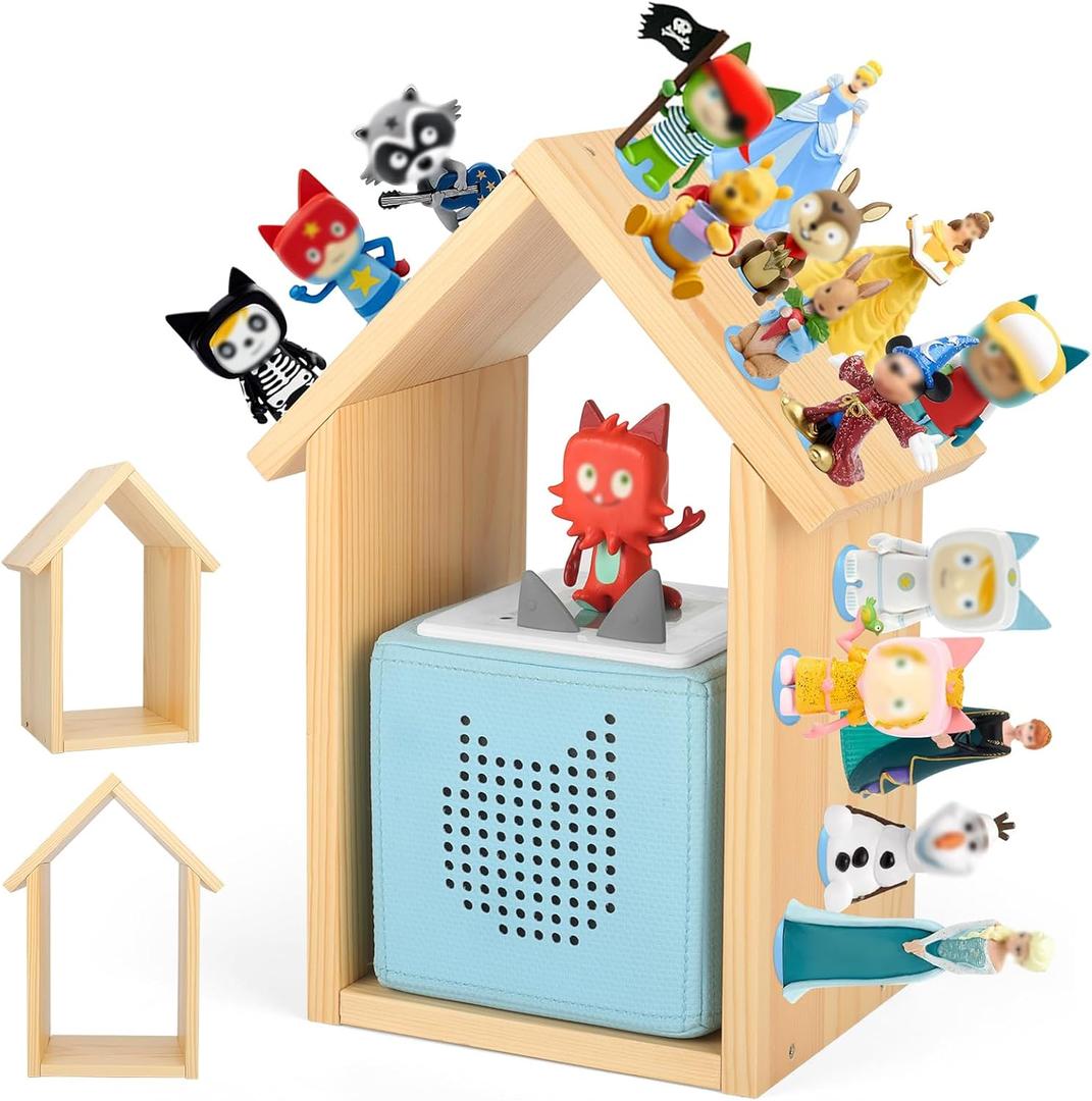 for Tonies Box Shelf Magnetic House Pine Wood Storage Shelf with 40Pcs Adhesive Metal Plate, Compatible with Tonie Box 1 & 2 Player Character Tonies Figures Characters for Children Room (Natura-small)