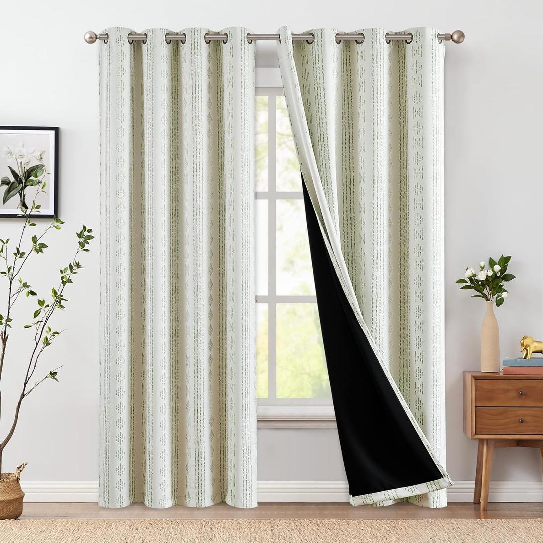 Jinchan 95% Blackout Boho Curtains 84 Inch Length for Bedroom Living Room Sage Green on Beige Geometric Printed Grommet Top Room Darkening Thermal Insulated Window Drapes 2 Panels