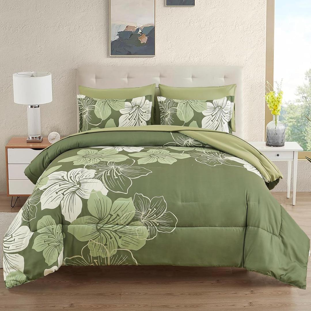 Luxudecor Floral Comforter Set Queen Size, 7 Pieces Bed in a Bag Olive Green Floral Comforter and Sheet Set, Soft Microfiber Green Complete Bedding Sets for All Seasons