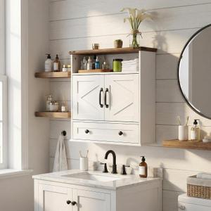 Bathroom Cabinet with Double Barn Doors – Wall Mounted Medicine Cabinet over Toilet with Adjustable Shelf & Drawer, 25" Wide Hangging Storage Cabinet for Bathroom, Kitchen, Laundry, Entryway White
