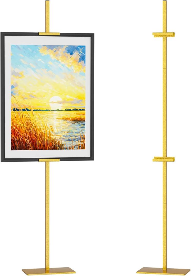 Adjustable Easel Stand for Picture Frames, Holds Frames Up to 63" Tall, Floor Metal Display Holder Stand for Sign, Tabletop Sturdy Art Easel for Home, Office, Galler (Gold)