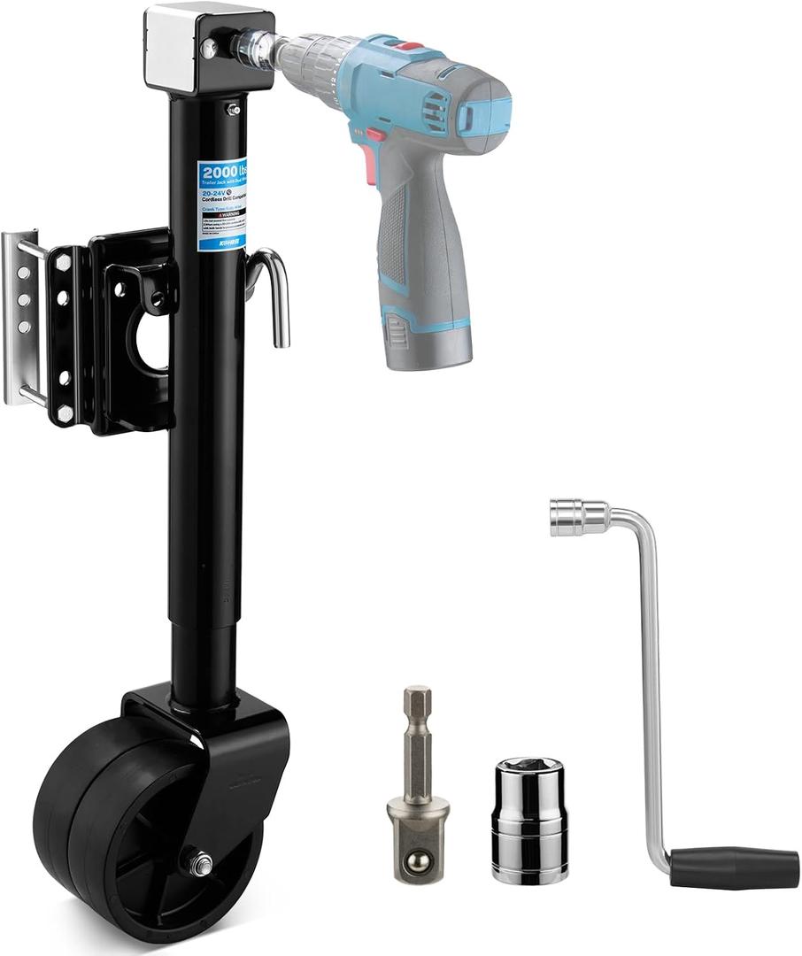 Kohree 2000 lbs Trailer Jack with Dual Wheel, 20-24V Cordless Drill Compatible, Heavy Duty Bolt on Trailer Tongue Jack for RV, Boat, Black, 12" Lift