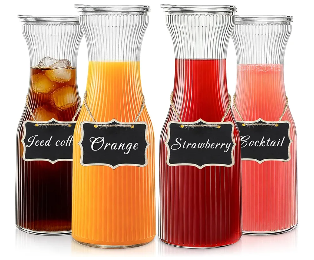 INSETLAN 1 Liter Ribbed Glass Carafe with Lid, Set of 4- Juice Carafe for Mimosa Bar, Brunch,Parties, Beverage Serveware,Cold Brew Coffee, Milk, Iced Tea, Lemonade -Includes 4 Wooden Chalkboards
