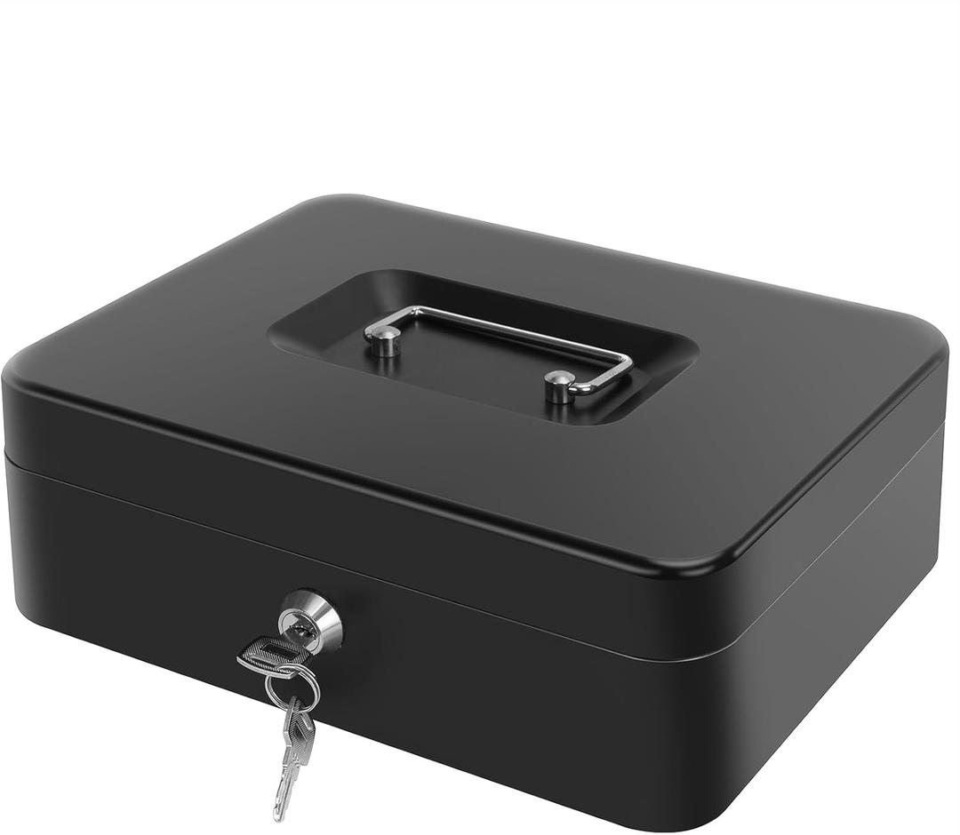 Cash Box with Money Tray - Large Money Box with Lock, Metal Safe Box for Money 9.84" x 7.87" x 3.54" Black