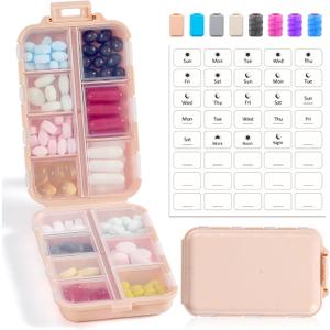14 GRIDS Travel Pill Organizer Box with Labels - Travel Medicine Case Kit - Pocket Daily Pharmacy Container - Travel Medication Holder Dispenser for Fish Oil Vitamin Supplement Storage - Pink