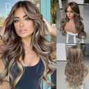 Long Wavy Layered Wig Highlight Honey Blonde Mixd Golden Brown Wigs with Curtain Bangs for Black White Women Synthetic Long Stright Ombre Light Brown Butterfly Haircut 24inch
