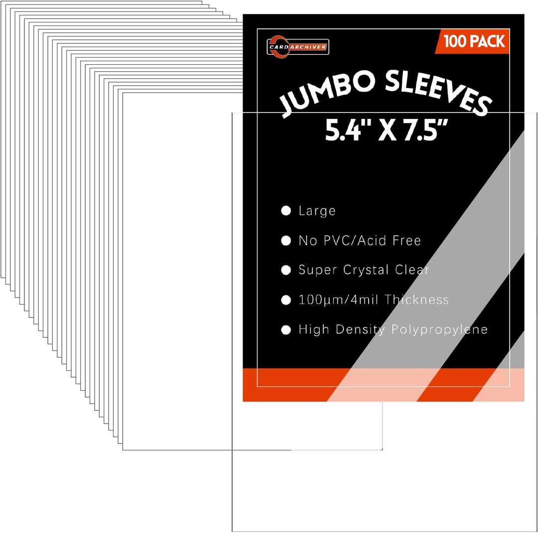 100 Pack Jumbo Card Sleeves Size L (5.4"x7.5") 4 Mil - Oversized Card Sleeves for Thick Trading Cards, Sports & Photos Storage, Exact Fit Plastic Sleeves with Snug Fit & Easy Insertion