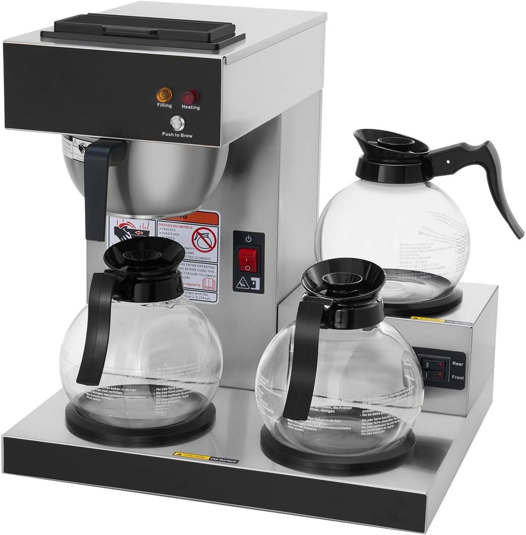 SYBO Commercial Coffee Maker with 3 Warmers and Decanters SF-CB-3GA | ETL Certified, Stainless Steel, 12 Cups Capacity, Reusable Brew Basket