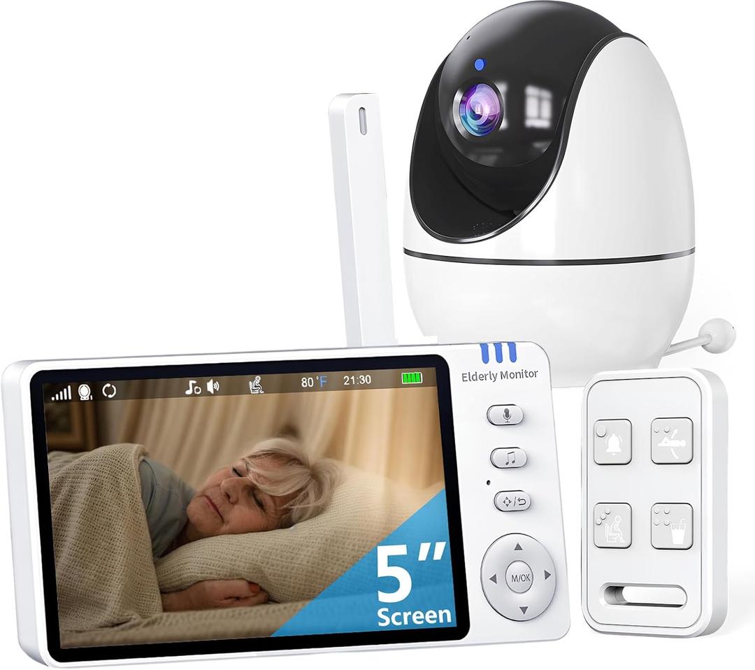 Elderly Monitor with Camera and Audio & Call Button, 2-Way Talk Room Monitors for Elderly, Med Reminder Temp Alert Baby Monitors for Elderly Care & Caregivers, PTZ Camera for Senior Monitoring/No WiFi