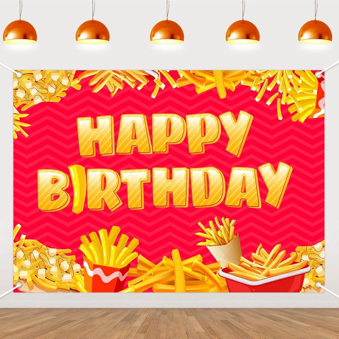 French Fries Birthday Party Backdrop, 6.8x4.9ft Vinyl Backdrop for Fast Junk Food Potato Theme Party Decorations Supplies