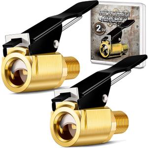 2-Pack Quick Connect Tire Inflator Air Chuck, Locking Tire Inflation Hose Adapter for Air Compressors & Valve Stems, Brass Tire Nozzle with Speed Clip for Threaded Twist Connection Convert to Lock On