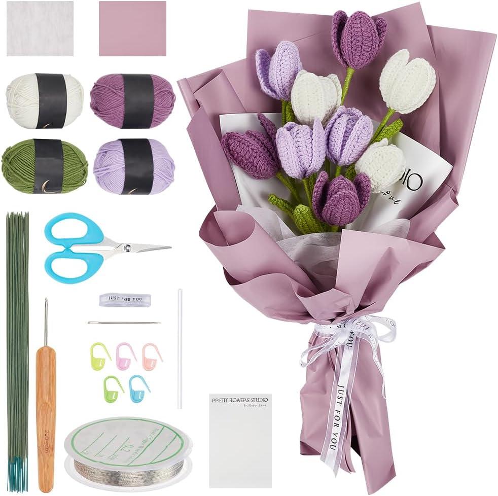 INFUNLY 10 pcs Tulip Crochet Kits for Beginners Complete Flower Crochet Kits for Adults Starters with Instruction and Video Tutorials Crochet Kit Gift for Mother's Day Wedding Birthday