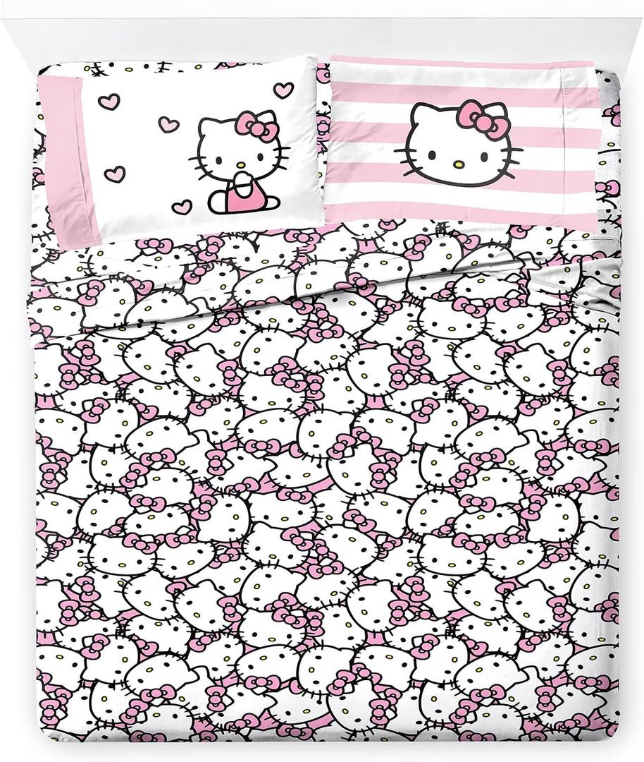 Jay Franco Sheet Set with Fitted, Flat Sheets & Pillow Cover - Ultra-Soft Bedding with Pillowcase for Room Decor, Multi - Hello Kitty, 4 Piece Queen