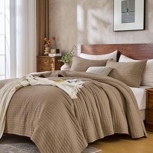 DOWN HOME Queen Quilt Bedding Set with Shams, Vintage Washed Soft Quilted Blanket Thin Comforter Lightweight Bedspread Coverlet Bed Cover, Brushed Microfiber Stripe Stitching, Brown, 86"x90"