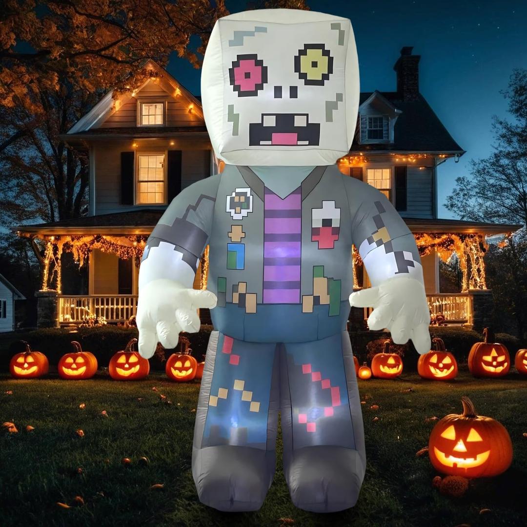 8FT Pixel Zombie Halloween Inflatable Decorations,Blow Up Skeleton Ghost Decoration with Build-in LED Lights for Indoor Outdoor Garden Lawn Halloween Party