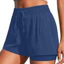 PINSPARK Women's 2 in 1 Running Shorts with Liner Pockets Quick Dry Athletic Workout Gym Shorts, Blue, XL