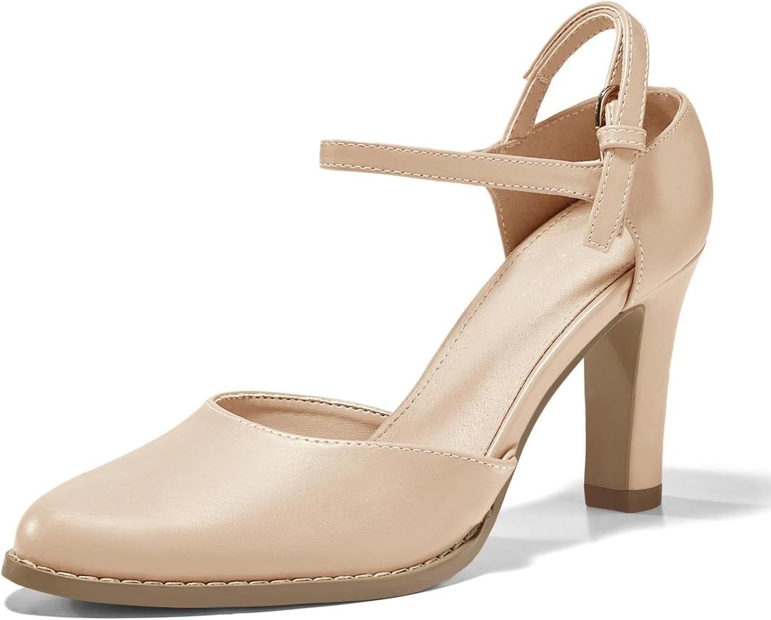 Coutgo Womens Chunky High Heels Closed Pointed Toe Ankle Strap Pumps Vintage D'Orsay Dress Party Shoes, Nude, Size 8