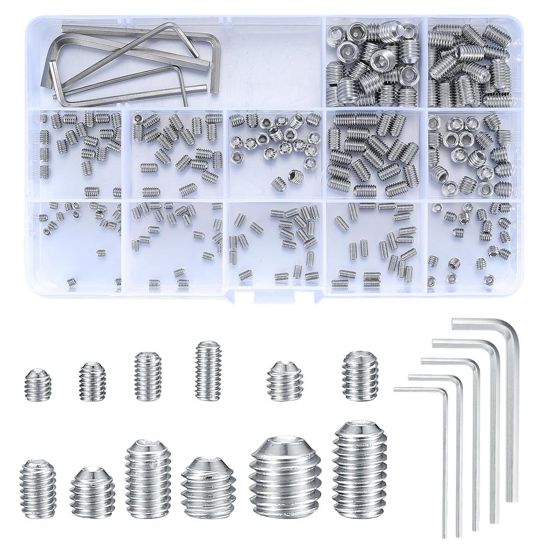 240 Pcs Allen Head Screws, Hex Socket Head Screws, Grub Screw Set, M3/ M4/ M5/ M6/ M8 Metric Stainless Steel Internal Hex Drive Cup-Point Screws Assortment Kit for Door Handles, Light Fixture Screws