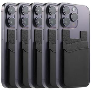 BIAJIYA Card Holder for Back of Phone, Pouch Silicone Wallet Sleeve Pocket Stick-on ID Credit Card for All Smartphones 5 Pack