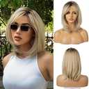 FUHSI Blonde Wigs for Women Ombre Light Blonde Wig with Bangs Layered Middle Length Synthetic Wig Dark Roots Hair for Daily Party